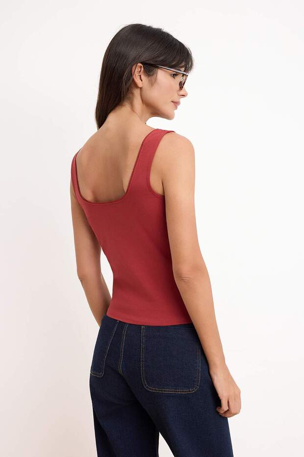 Kiremit Fitted/Vücuda Oturan Kare Yaka Kalın Askılı Kolsuz Pamuklu Esnek Örme Atlet TWOSS26AL00030 - 4