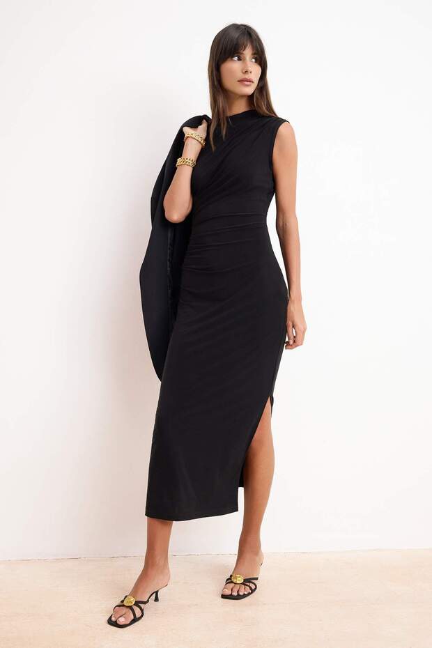 Siyah Düz Bodycon Dik Yaka Kolsuz Midi Esnek Örme Elbise TWOSS26EL00370 - 1