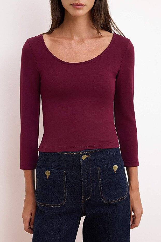Bordo Fitted/Vücuda Oturan Havuz Yaka Ay Kol Truvakar İnterlok Örme Bluz TWOSS26BZ00639 - 3