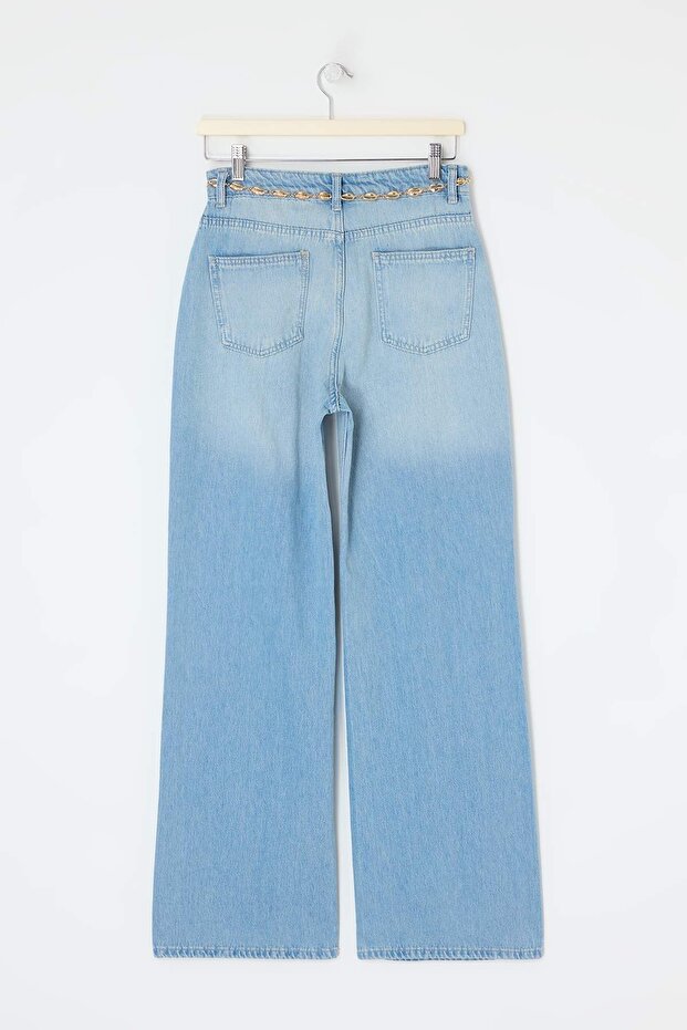 Mavi Kemerli %100 Pamuk Zincir Kemer Detaylı Yüksek Bel Wide Leg Jeans TWOSS26JE00233 - 6
