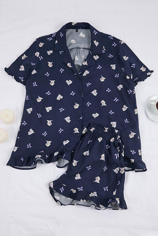 Teen Lacivert Kedi, Köpek ve Kurdele/Fiyonk Desenli Viskon Dokuma Pijama Takımı THMSS26PT00106 - 2