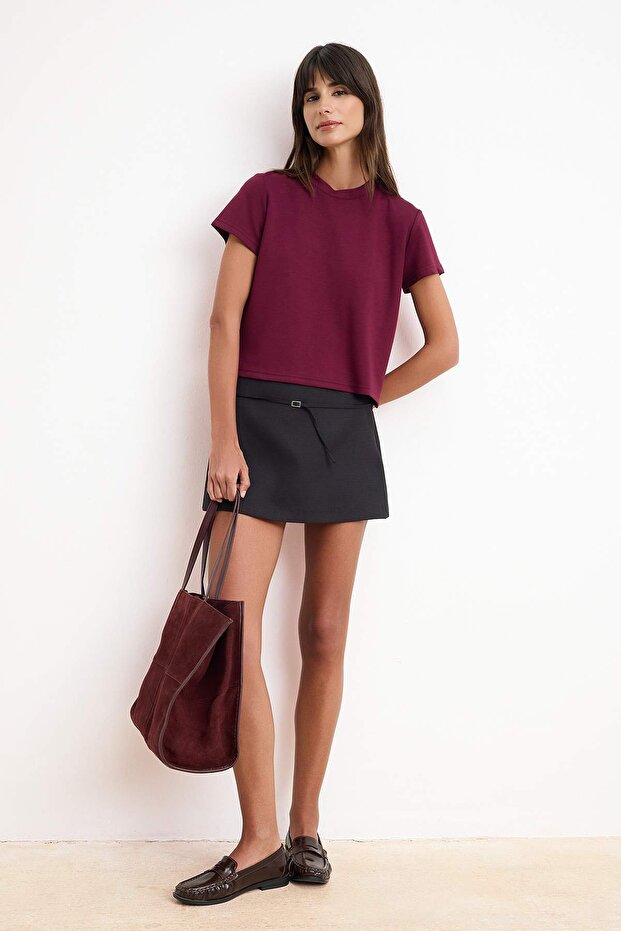 Bordo Düz Regular Bisiklet Yaka Düşük Kol Kısa Soft Touch Örme T-Shirt TWOSS26TS00197 - 2