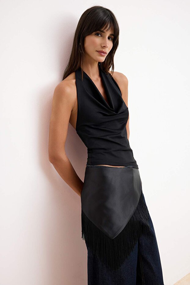 Black Fitted/Bodycon Halter Neck Sleeveless Polyamide Knitted Blouse Twoss26Bz00463
