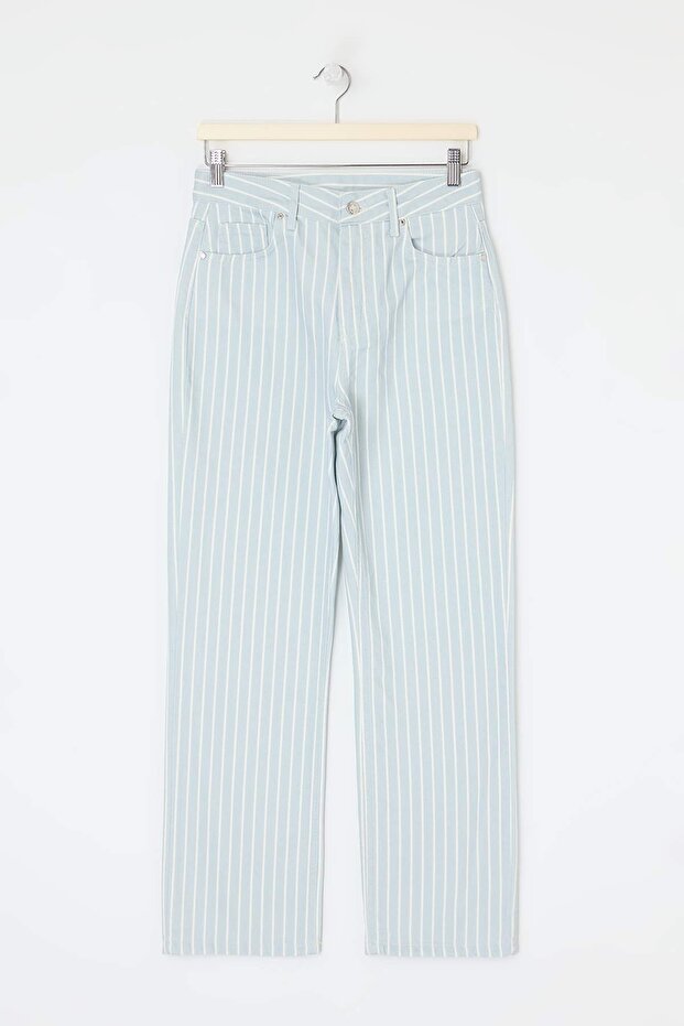 Çok Renkli DÖKÜMLÜ Çizgili Yüksek Bel Straight Düz Kesim Jeans TWOSS26JE00236 - 5