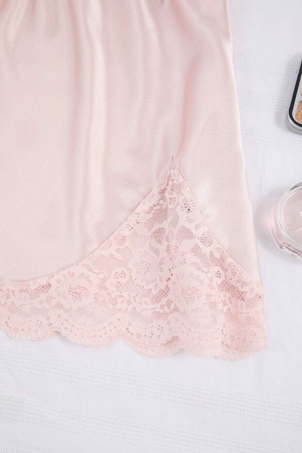 Pudra Dantel Detaylı Etekli Saten Dokuma Pijama Takımı THMSS26PT00100 - 6
