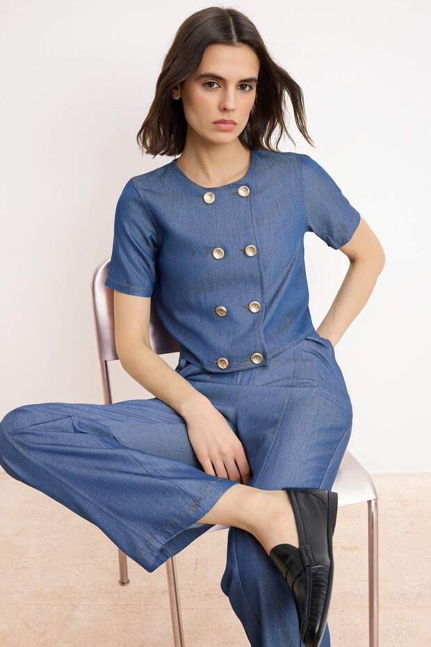 Indigo Gömlek Pantolon Dokuma Alt - Üst Takım TWOSS26AU00055 - 1