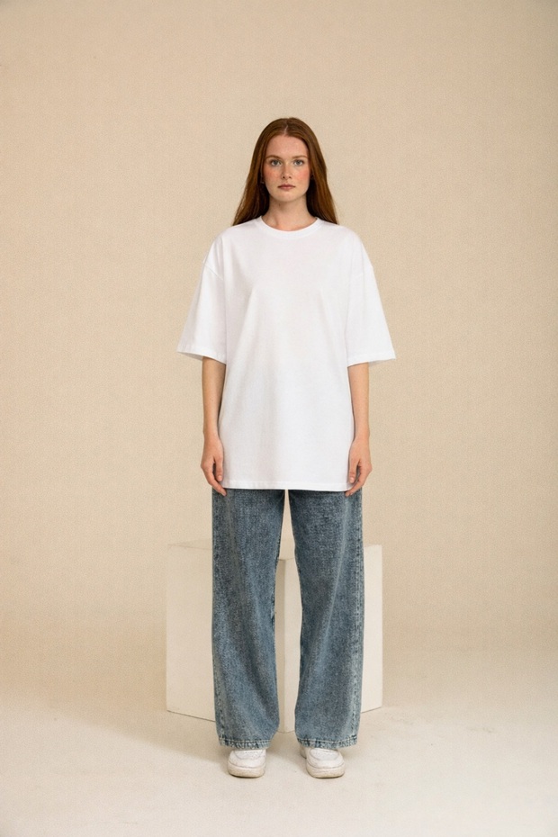 Basic Kadın T-shirt Regular Oversize Beyaz Tişört - 4