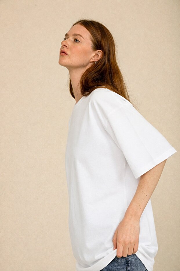 Basic Kadın T-shirt Regular Oversize Beyaz Tişört - 5