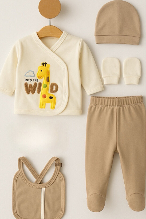 Organic Baby Boy Giraffe Patterned 5-Piece Jumpsuit Hospital Release Newborn Outfit Bib