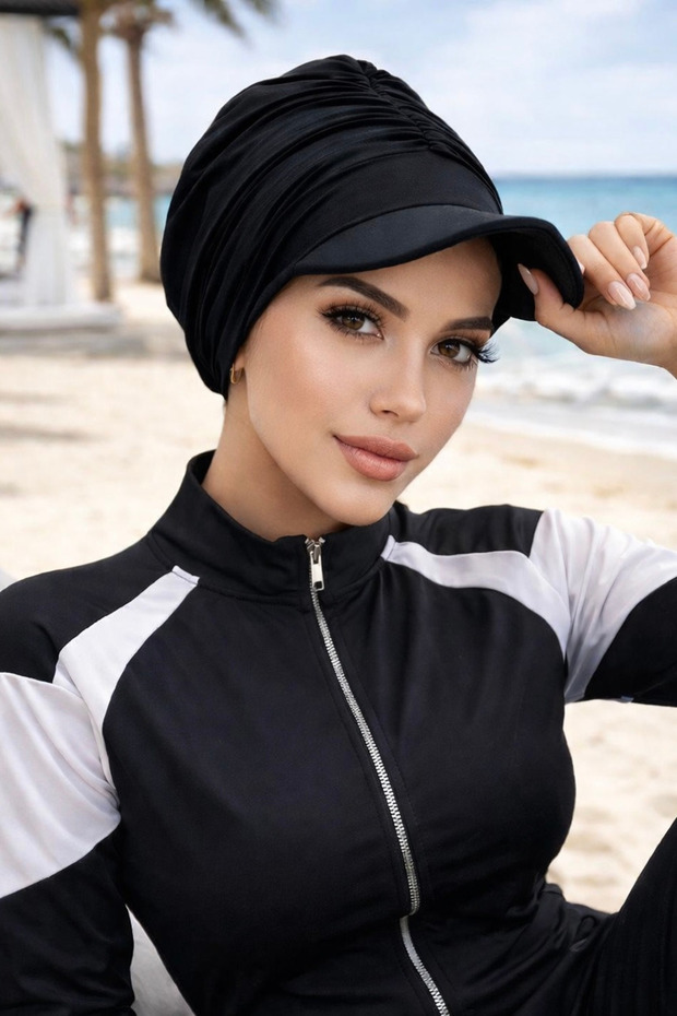 Black Hijab Beach Hat, Pool Hat, Beach Hat for Wearing over Swimwear