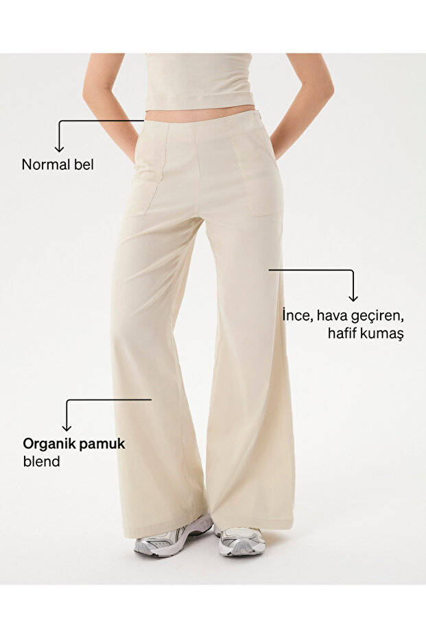 Women's Cream Flare Pants, Regular Waist, Wide Legs, Slim Fit Trousers