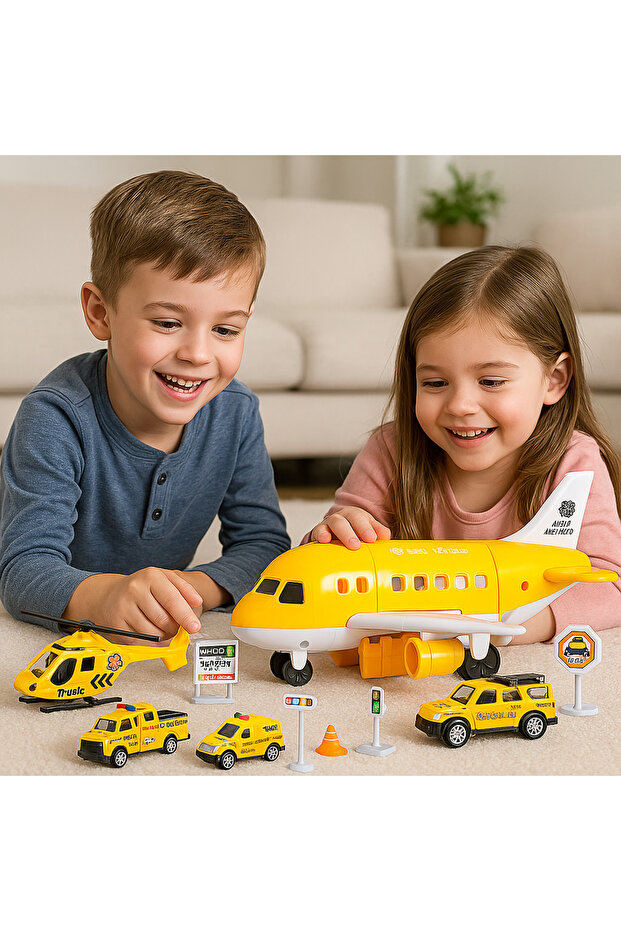 Yellow Cargo Aircraft Toy Set with Diecast Cars