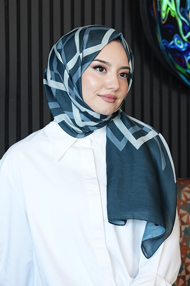 Geometric Pattern Dark Blue Cotton Shawl - 5