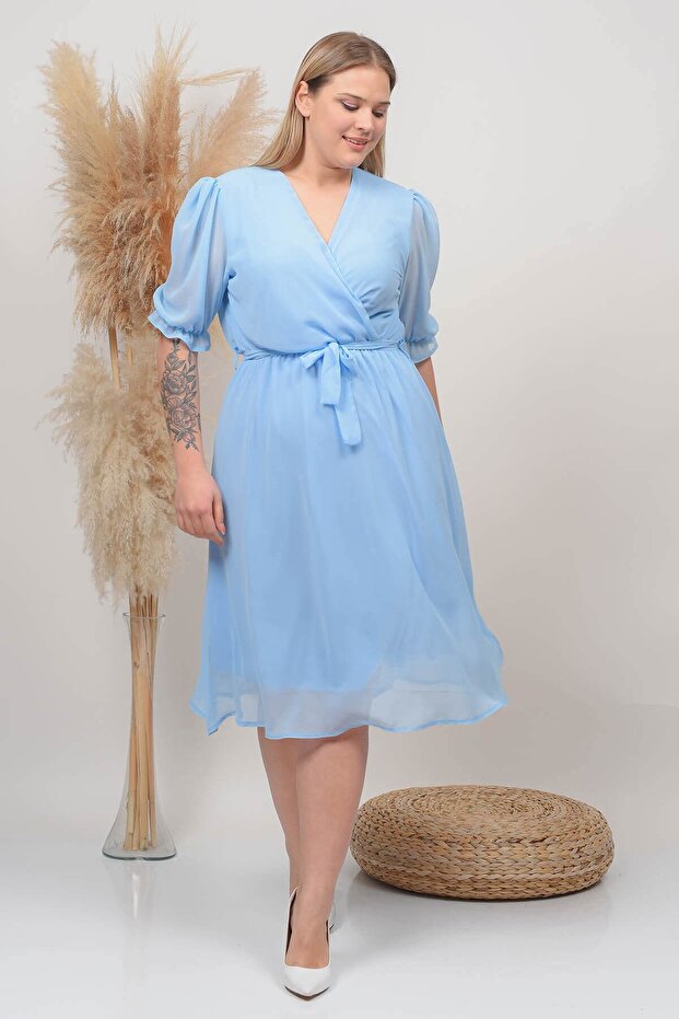Women's Baby Blue Double Breasted Collar Plus Size Chiffon Dress Nb8062