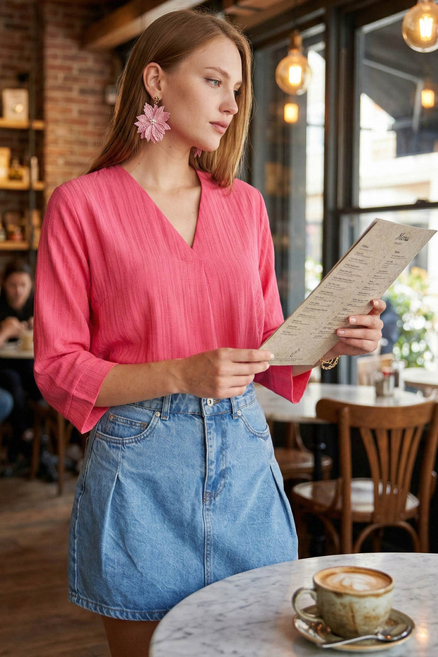 Women's Fuchsia V-Neck Quarter Sleeve Blouse Arm-25Y001024