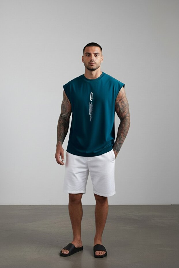Men's Petrol Blue Vertical Printed Sleeveless Oversize T-shirt