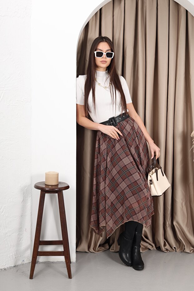 Plaid Asymmetric Chiffon Skirt Black