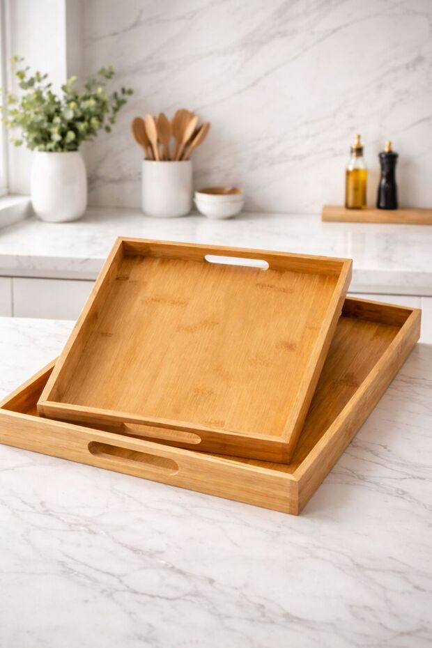 Natural Bamboo Serving Tray – Large and Durable Tea & Coffee Presentation Tray with Handles 25 X 35 cm