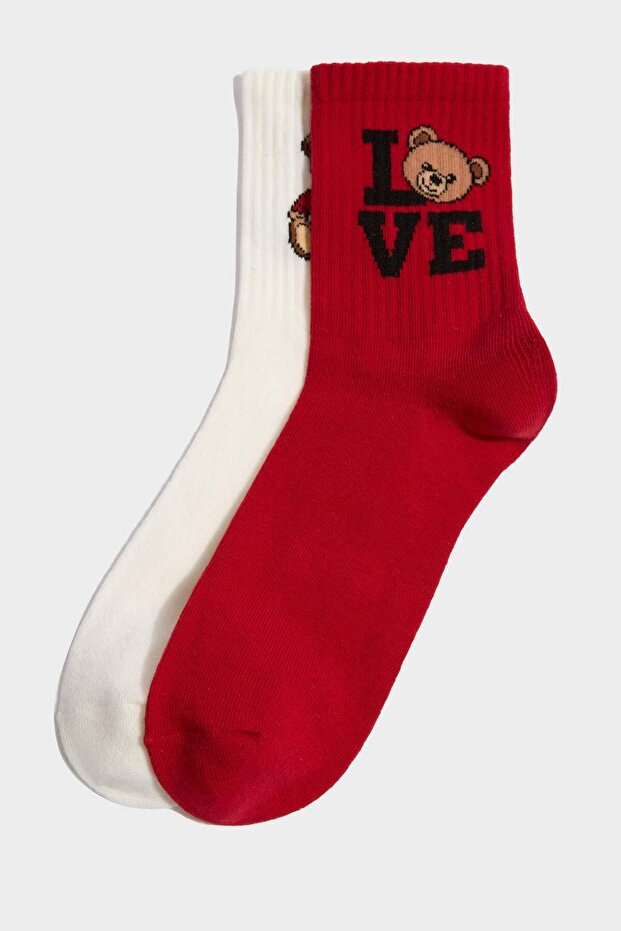 Women's 2-Piece Cotton Long Socks with Teddy Bears H3165Axns