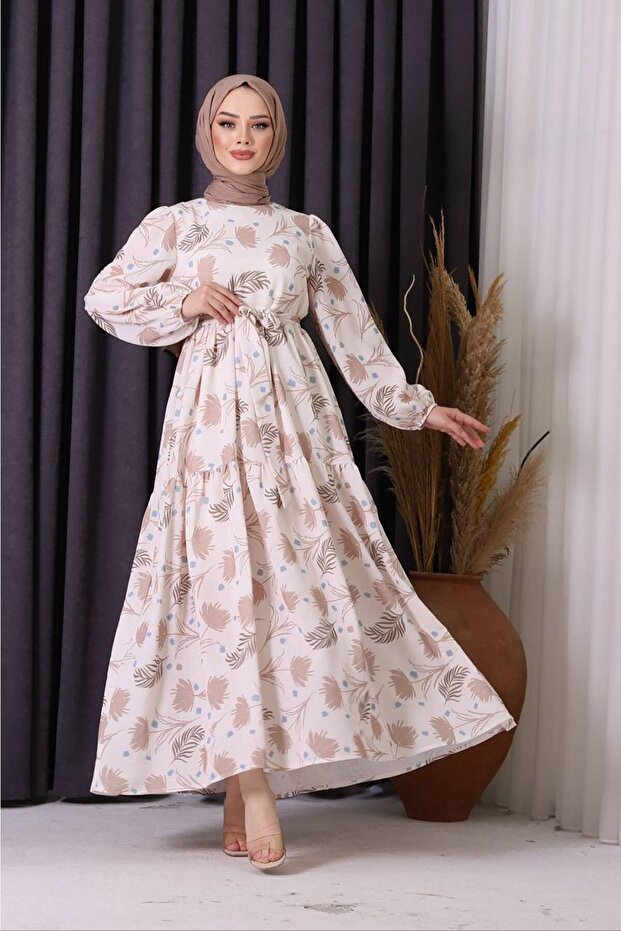 women's linen patterned modest dress SMS002 - Beige