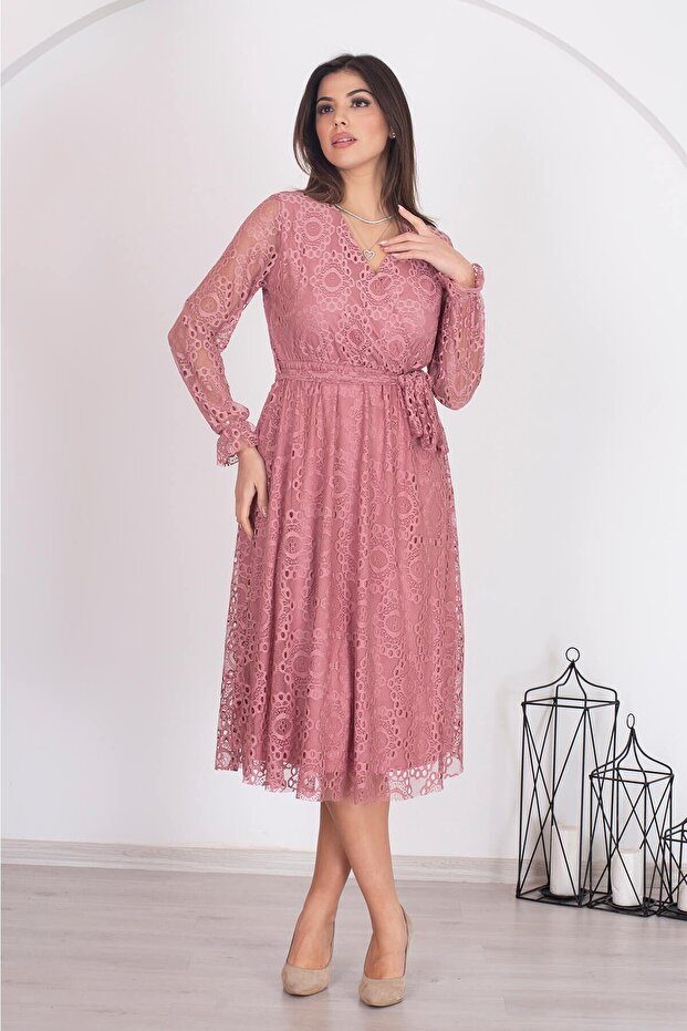 Women's Dusty Rose Belted Double Breasted Collar Lined Lace Dress Rssn31