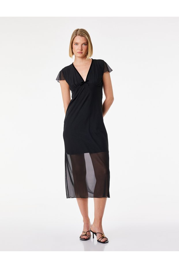 Slim Fit Bow Detailed Midi Length V-Neck Watermelon Sleeve Tulle Dress