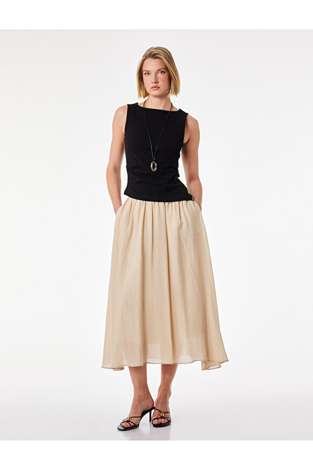 Viscose Fabric Pleated Detailed Bell Cut Midi Skirt with Pockets
