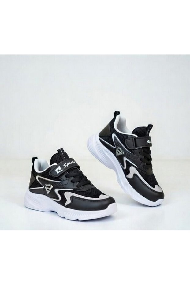 Children's Lace-Up Black and White Single Velcro Flexible Lightweight Breathable Unisex Mesh Sneaker Sports Shoes