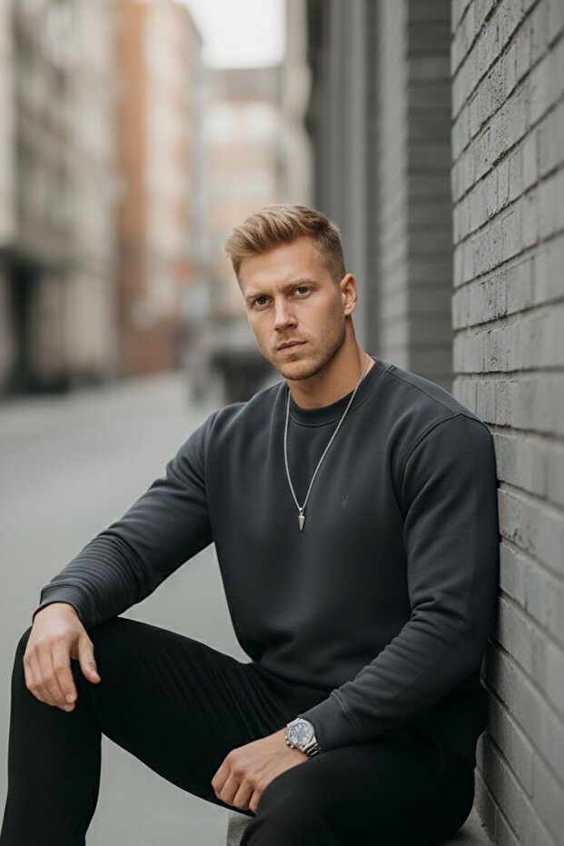 Füme Renk Basic Bisiklet Yaka Relaxed Regular Erkek Sweatshirt - 7