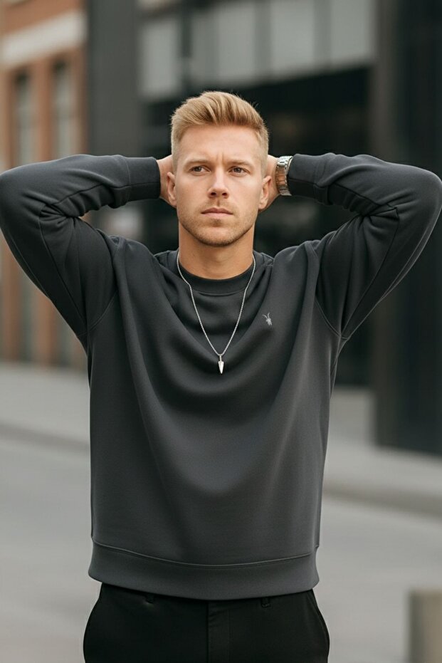 Füme Renk Basic Bisiklet Yaka Relaxed Regular Erkek Sweatshirt - 3