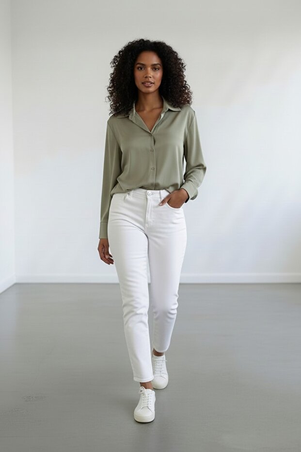 Mint Saten Basic Dökümlü Gömlek - 3