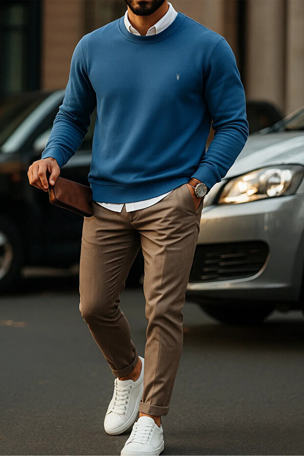 Férfi Basic Crew Neck indigó pulóver - 3