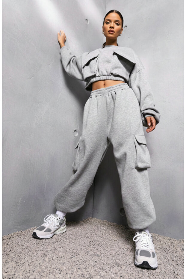 Sweatshirt with Side and Front Pocket Detail Jogger Bottom Set Women's Tracksuit Set K32 3020