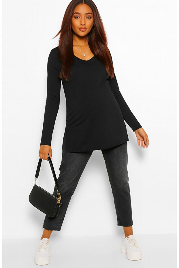 Women's Long Sleeve Wide Collar Side Slit Maternity T-Shirt H1 241