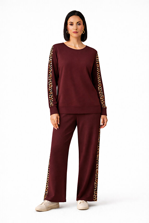 Crew Neck Leopard Paneled Flexible Pocket Modal Suit