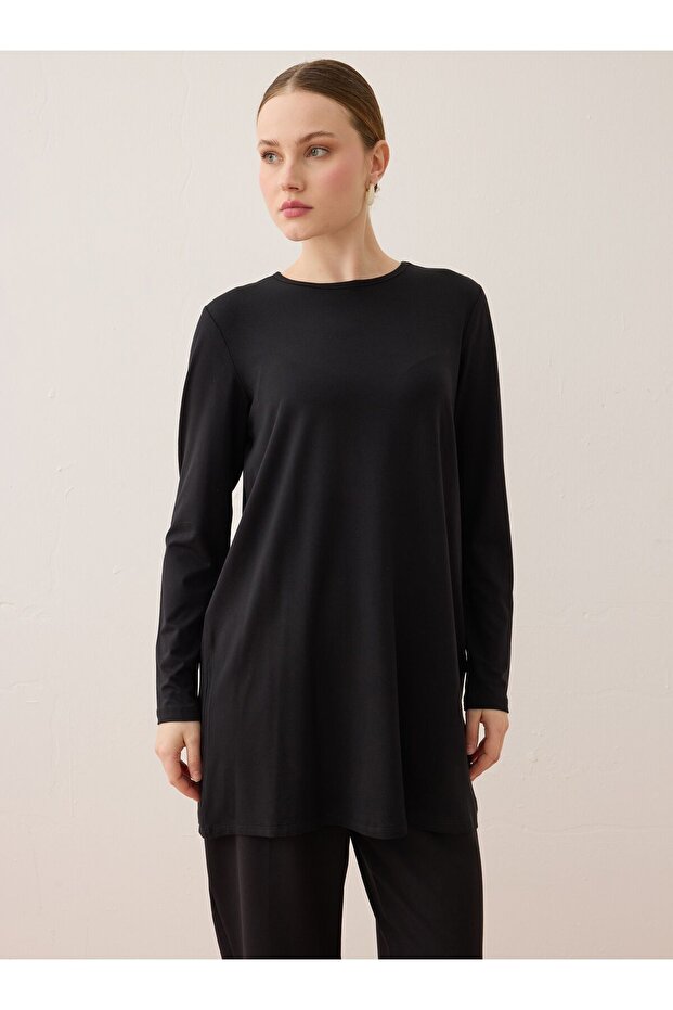 Viscose Fabric Crew Neck Tunic - Black -