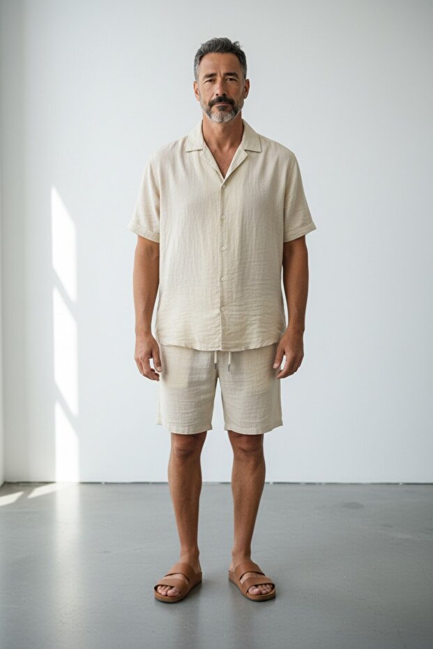 Men's Beige Short Sleeve Shirt Shorts Wrap Suit