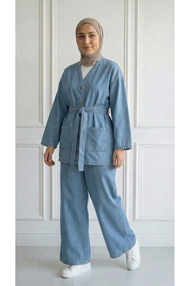 Gülperi Double Pocketed V-Neck Tie-Detail Denim Set-Ml2080 Blue