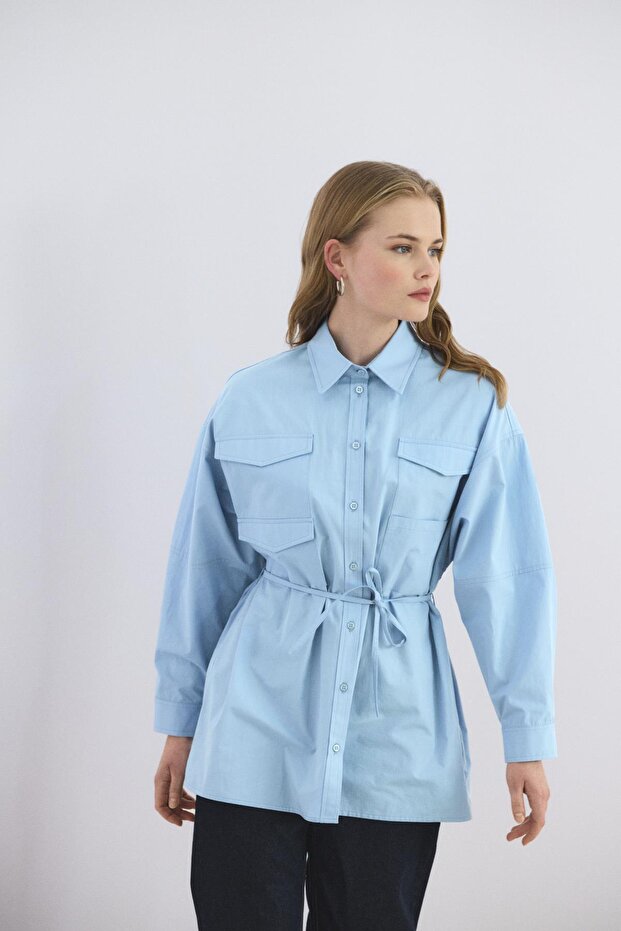 Oversized Shirt with Pockets and Piping Belt Blue