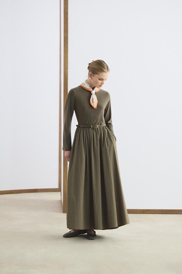 Slim Fit Belted Mix Dress Green