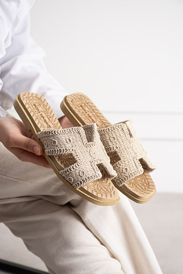 Beige Straw Open Front and Side Open Women's Slipper Outdoor and House Slippers Indoor Shoes