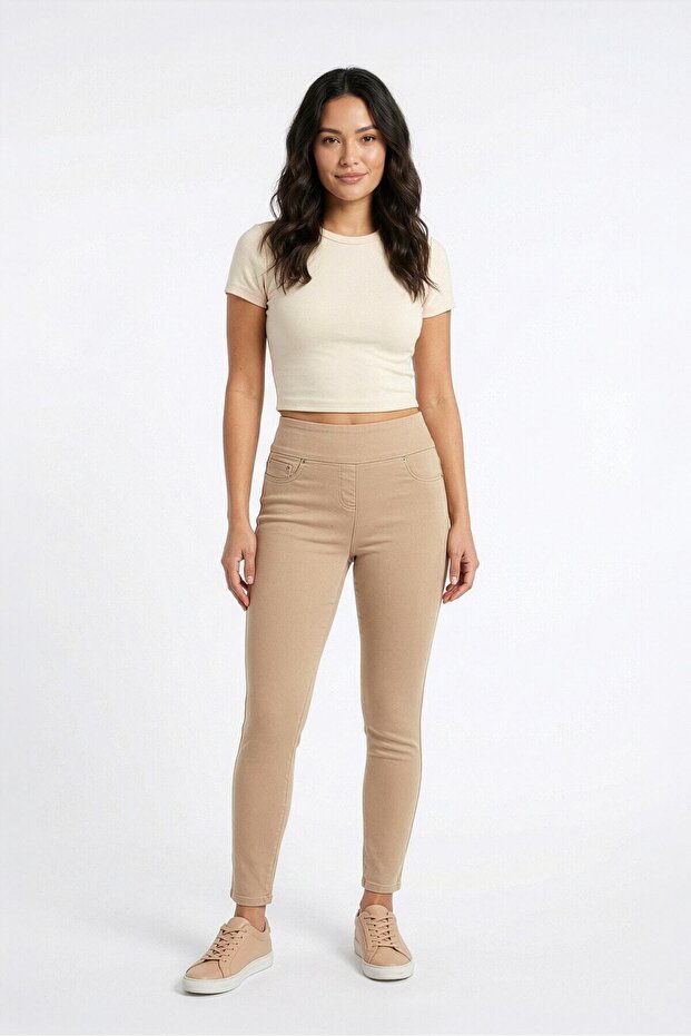 Women's Beige Lycra Stretchy Leggings Jean Pants High Waist Narrow Leg