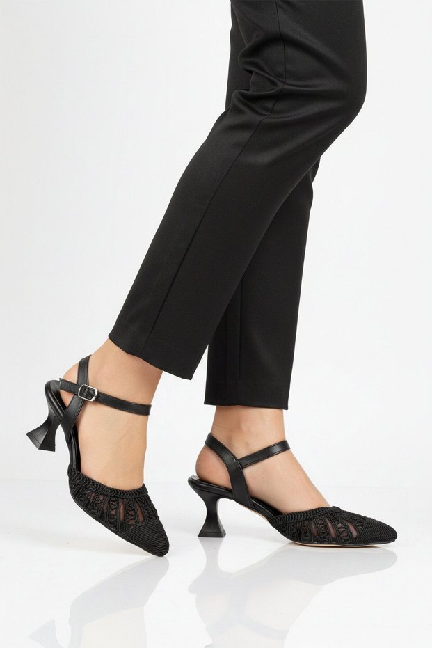 Black Knitwear Heeled Women's Evening Dress Shoes Pc-54660 Z