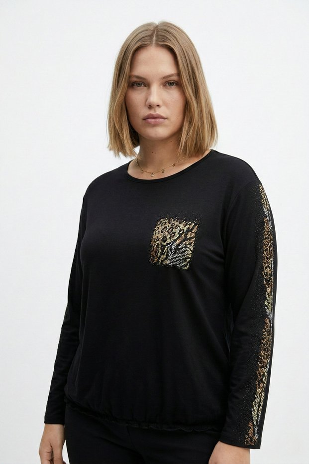 Women's Plus Size Crew Neck Long Sleeve Stone Detailed Stretchy Blouse