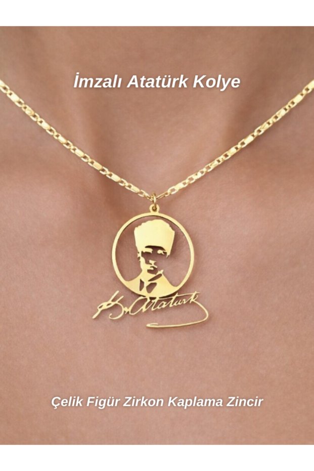 Ataturk Portrait with Ataturk's Signature Steel Symbol Zircon Plated Laser Cut Necklace Gold