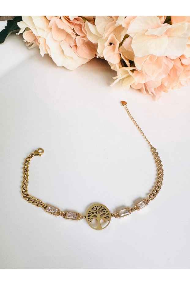 Steel Tree of Life Baguette Gold Bracelet