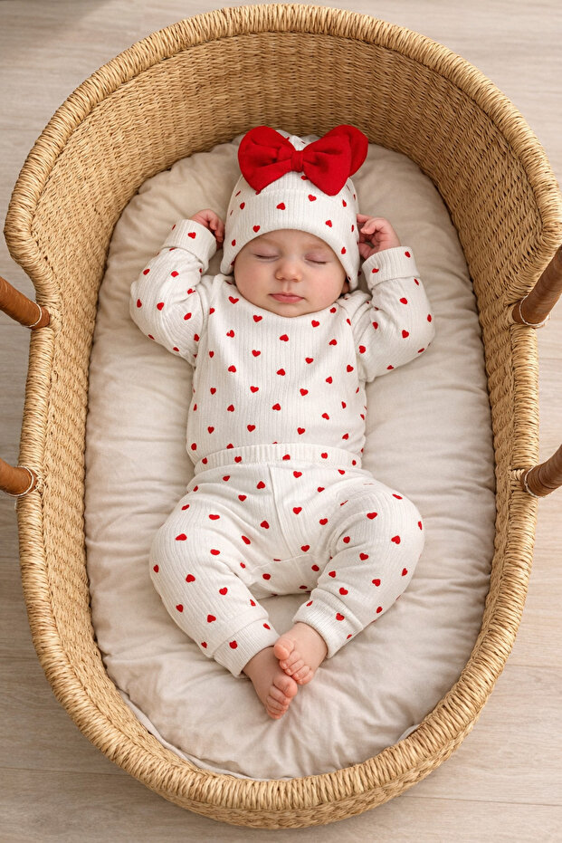 Hearted Boneliı Badili 3-Piece Baby Girl Set Soft Corded Fabric Combed Cotton