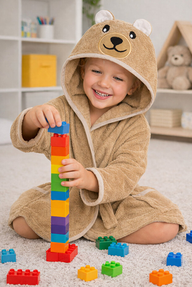 Hooded Girl-Boy Bathrobe with Cotton Bear Figure