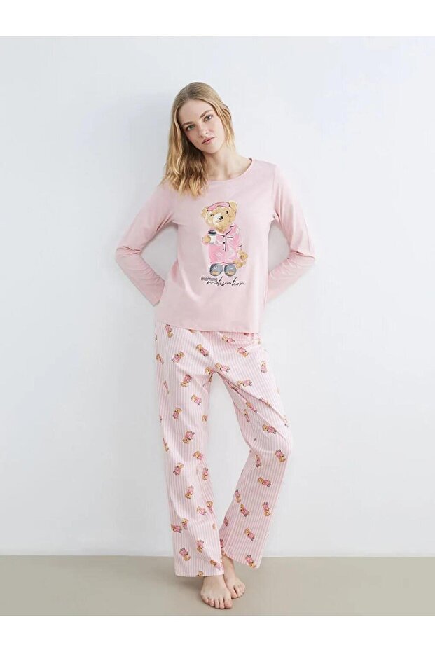 Pink Crew Neck Bear Teddy Printed Women's Pajama Set (S6)