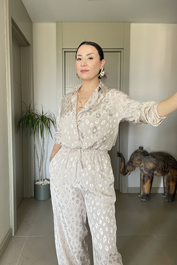 Set of Leopard Printed Satin Shiny Stone Detailed Shirt and Trousers